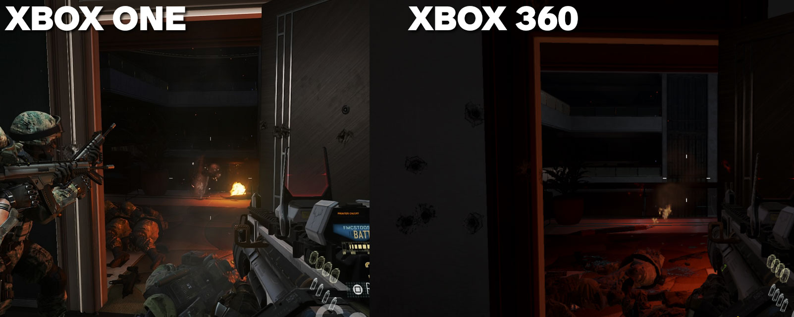 Parece que hay más elementos en Xbox One, frente a Xbox 360, en esta comparativa de Call of Duty Advanced Warfare. Parece que hay más elementos en Xbox One, frente a Xbox 360, en esta comparativa de Call of Duty Advanced Warfare.
