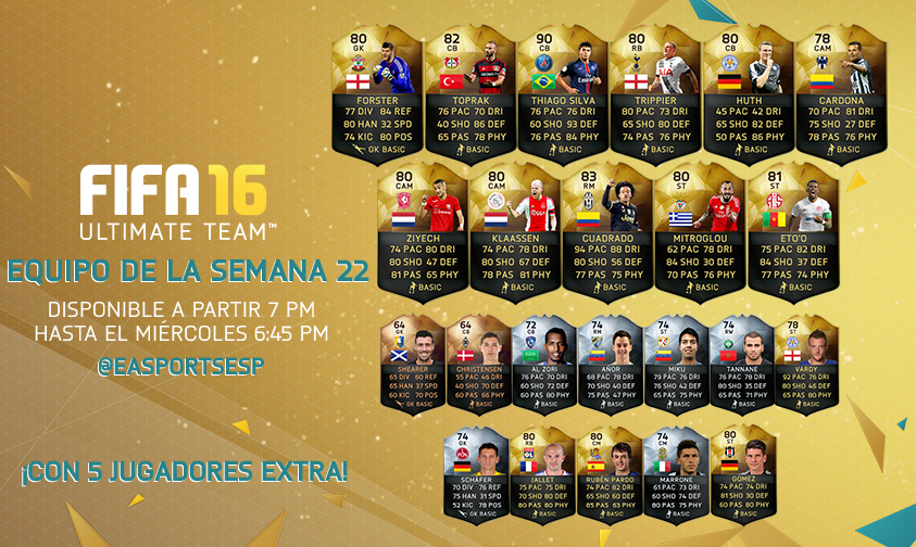 Ya está aquí el FIFA 16 Ultimate Team Semana 22 liderado por Thiago Silva y los míticos delanteros Samuel Eto'o y Mario Gómez. Ya está aquí el FIFA 16 Ultimate Team Semana 22 liderado por Thiago Silva y los míticos delanteros Samuel Eto'o y Mario Gómez.