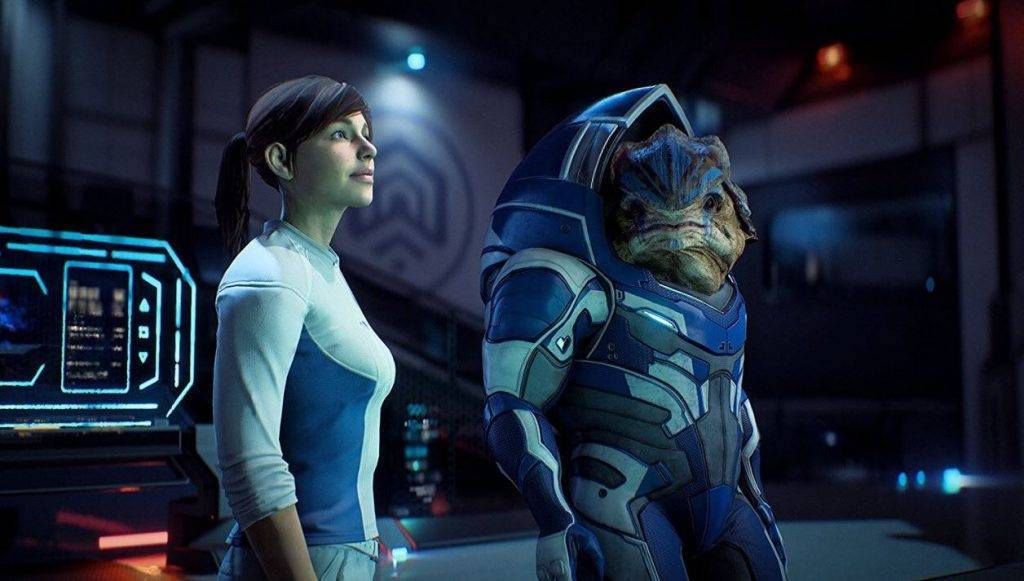 Nuevas capturas de Mass Effect Andromeda: Sarah Ryder y Nakmor Kesh, una krogan ingeniera de la nave Tempest.