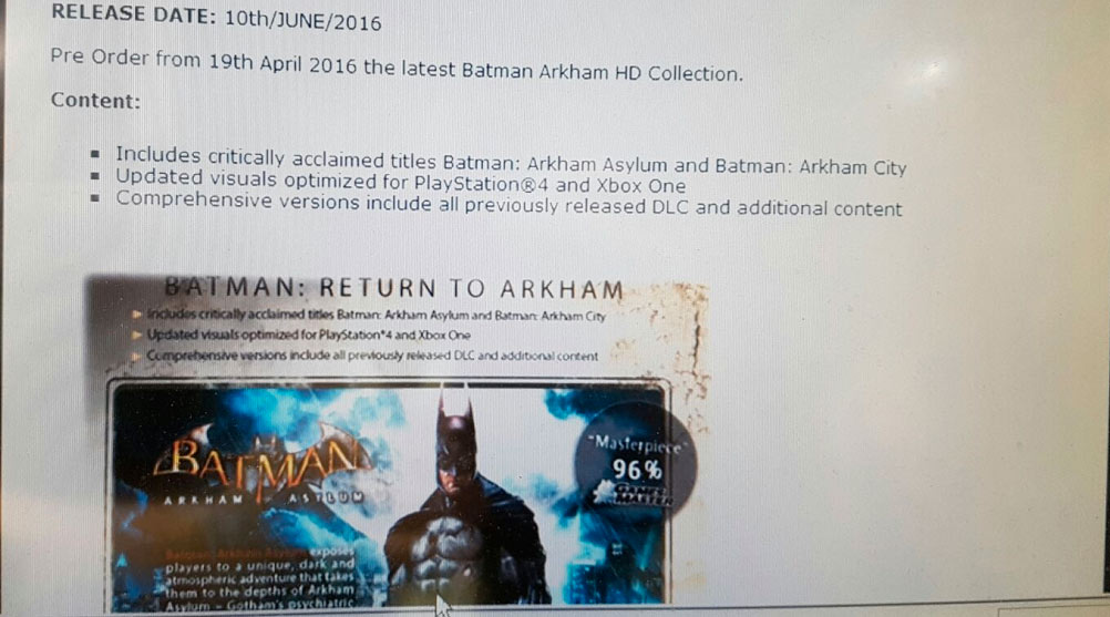 Batman Arkham HD Collection filtrado en esta fotografía de un trabajador de Gamestop. Batman Arkham HD Collection filtrado en esta fotografía de un trabajador de Gamestop.